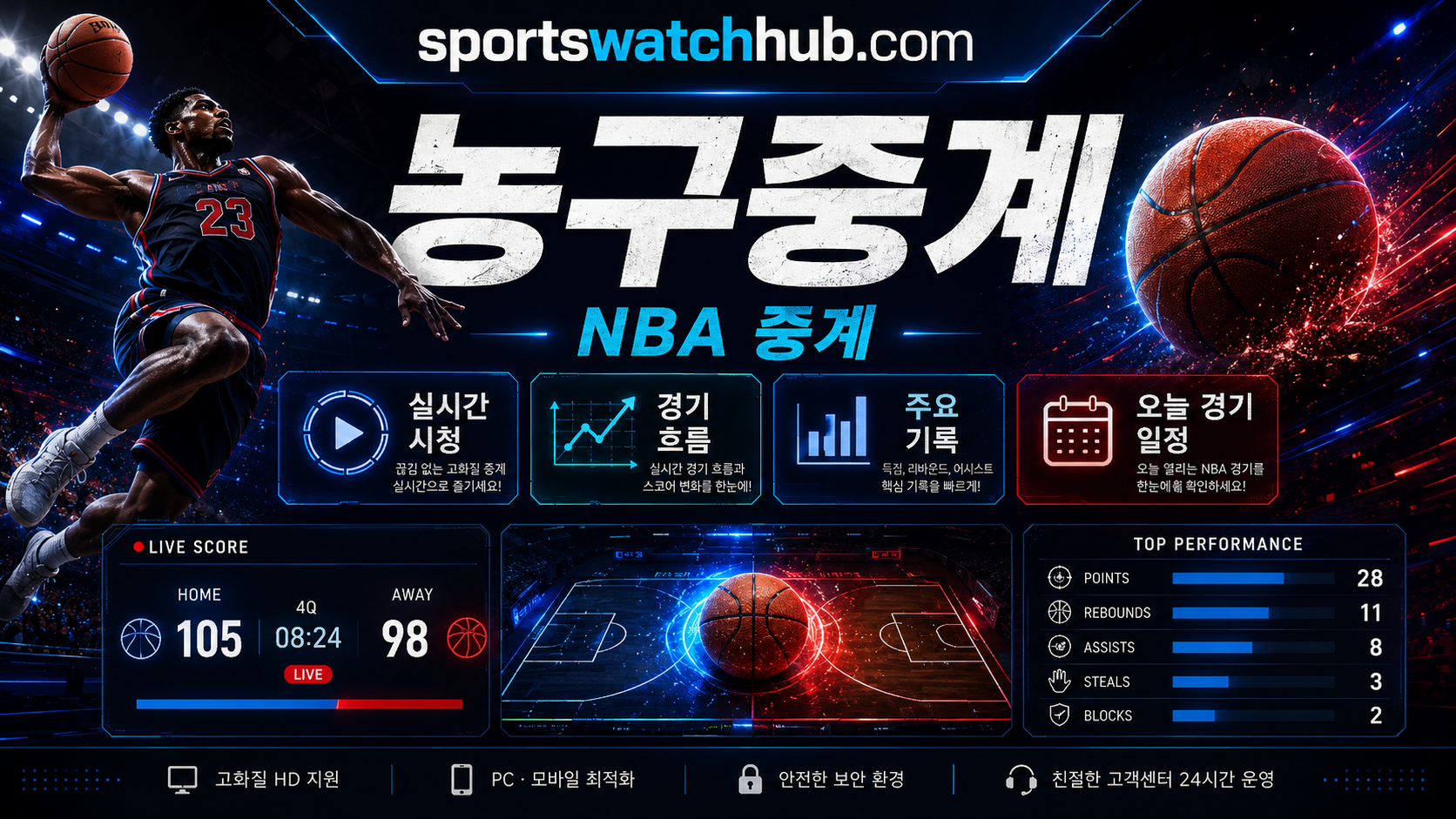 NBA 경기 일정과 주요 매치업을 확인하는 화면